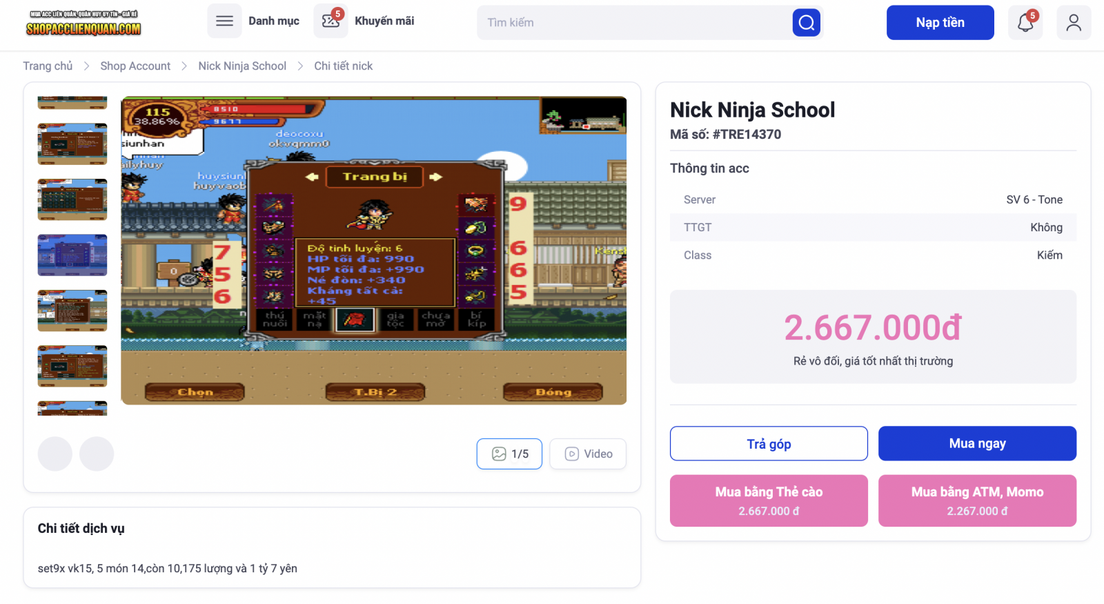 Kiểm tra lại thông tin nick Ninja School và tiến hành thanh toán