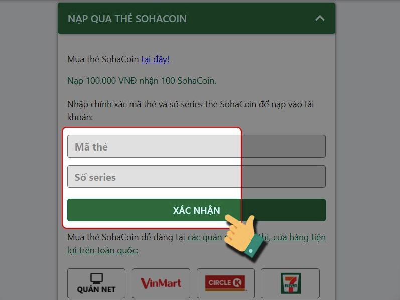 Nhập thông tin thẻ SohaCoin của bạn