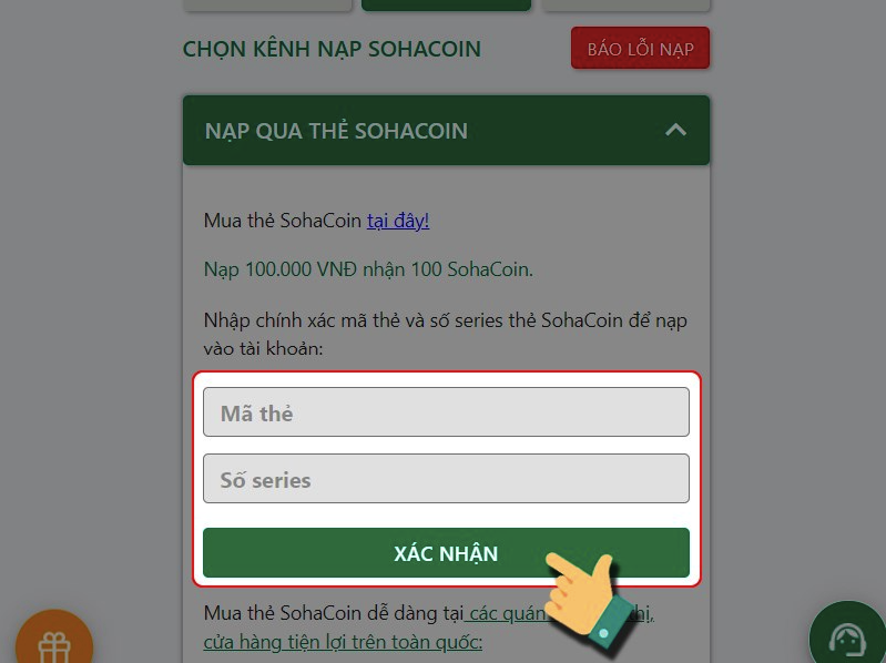 Nhập thông tin thẻ SohaCoin