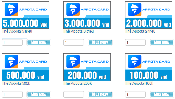 các mệnh giá của thẻ appota
